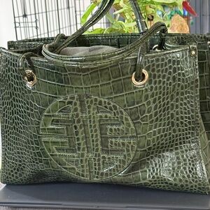 ANTONIO MELANI Olive Green Croc-Embossed Satchel with Gold-Tone Eyelets VT
